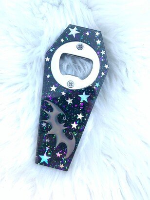 Coffin Glitter Bottle Opener | Purple, Green & Black Glitter Holographic Bat Stars