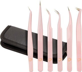 Okuna Outpost 6 Piece Metal Precision Tweezer Kit, False Eyelash Fake Lashes Extension Applicator with Storage Case, Pink