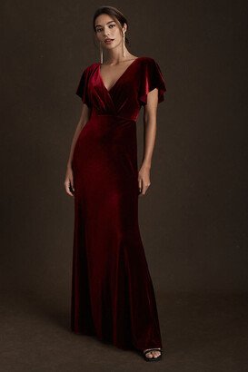 Ellis Flutter-Sleeve Open-Back Stretch Velvet Gown