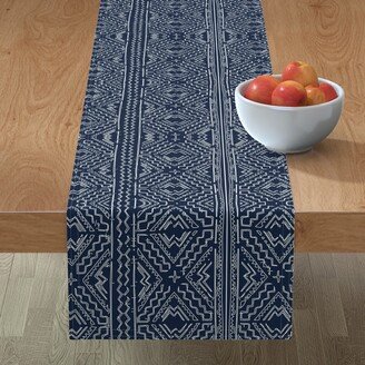 Table Runners: African Mudcloth - White On Blue Table Runner, 90X16, Blue