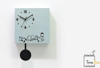 Modern Cuckoo Bird Time Box Clock - Duck Egg Chalk Laser Engrave Wall Mount Table Wedding Anniversary Engagement Couple