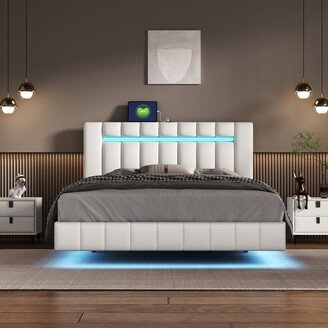 IGEMAN Queen Size Floating Bed Frame, Upholstered Platform LED Bed w/USB Charging