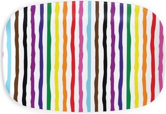 Serving Platters: Wonky Stripes On White Serving Platter, Multicolor