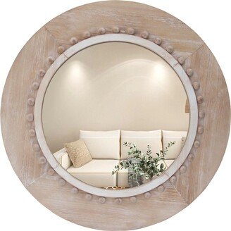 Large Wooden Circle Mirror with Beads Decor