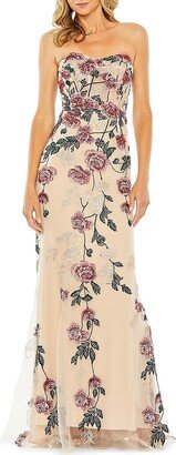 Floral Embroidered Strapless Gown