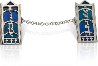 sterling Silver Tallit Clips Ten Commandments Design With Blue & Turquoise Enamel Colors Alphabet Made in Israel, Jewish Bar Mitzvah