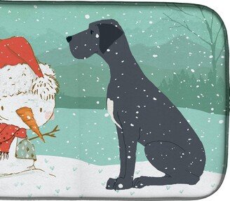 14 in x 21 in Black Great Dane and Snowman Christmas Dish Drying Mat