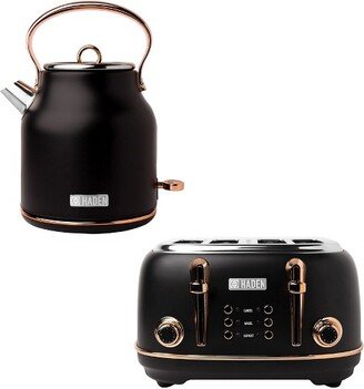 Heritage Stainless Steel Electric Water Tea Kettle with Dorset 4 Slice Wide Slot Stainless Steel Toaster with Tray, Black/Copper