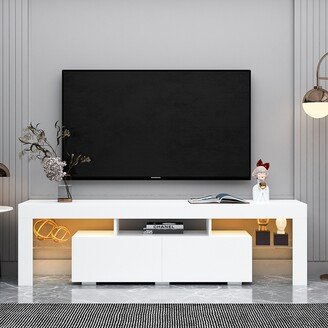 Global Pronex Modern White TV Stand, 20 Colors LED TV Stand w/Remote Control Lights