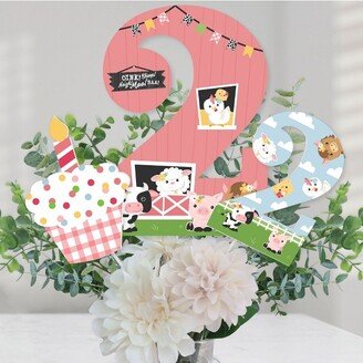 Big Dot of Happiness 2nd Birthday Girl Farm Animals - Pink Barnyard Second Birthday Party Centerpiece Sticks - Table Toppers - Set of 15