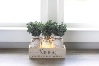 Mason Jar Centerpiece Box, This Is Us Sign, Farmhouse Centerpiece, Painted Jars, Kitchen Decor, Entryway Table