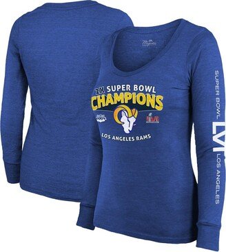 Women's Threads Heather Royal Los Angeles Rams 2-Time Super Bowl Champions Sky High Tri-Blend Long Sleeve Scoop Neck T-shirt - Heathered Roya