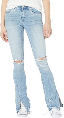 Hoyt Mini Boot Denim Jeans with Ripped Knees and Side Slit Released Hem in Blue (No Thanks) Women's Jeans