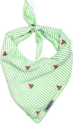 The Worthy Dog Seersucker Stripe Embroidered Watermeon Cassic Square Tie-On Bandana - Green/White - L