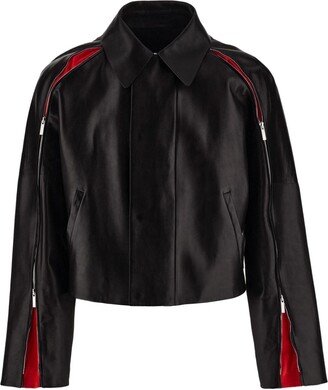 Contrasting-Panels Zip-Up Leather Jacket