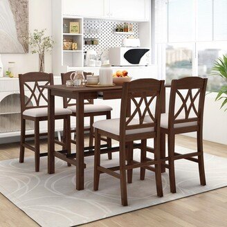 EDWINRAYLLC 5-Piece Dining Table Set with 4 Upholstered Chairs and 1 Storage Drawer, Walnut+Beige