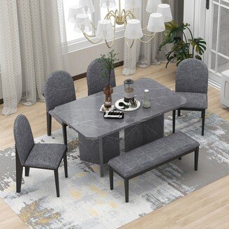 EDWINRAY 6-Pcs Dining Table Set with 4 Upholstered Chairs & 1 Bench, Wood Dining Table with Faux Marble Top & Double Pedestal Base, Gray