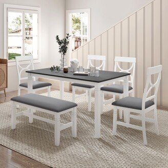 GEROJO White 6-Piece Wood Dining Table Set Kitchen Table Set with Upholstered Bench