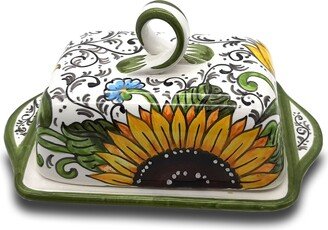 Italian Ceramic Butter Dish With Lid Sunflower - Hand Painted Keeper Made in Italy Pottery Holder Covers