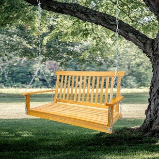 TOSWIN Front Porch Swing with Armrests, 2-Person Wood Bench Swing with Safe Hanging Chains Seat, Easy to Assemble for Outdoor Patio