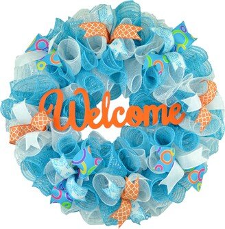 Everyday Welcome Wreath, Spring Door Summer Mesh Orange Turquoise White Teal P9