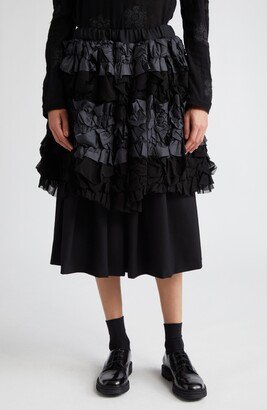 Layered Ruffle Satin & Wool Gabardine Midi Skirt