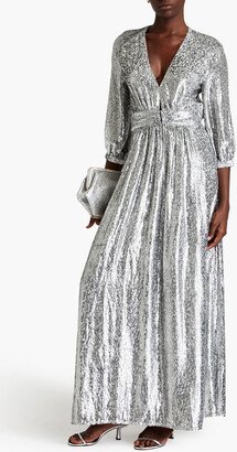 Dara open-back ruched metallic fil coupé maxi dress