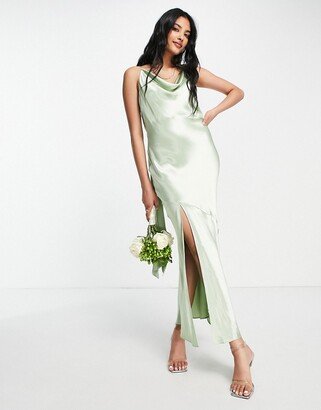 bridesmaid tie back satin slip dress in sage