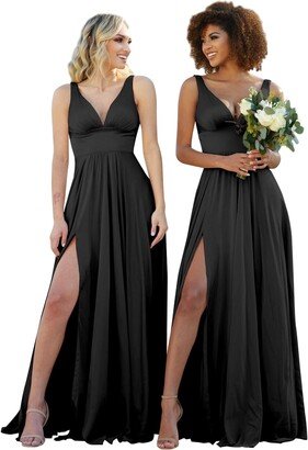 MIRUXIA Women's Deep V-Neck Bridesmaid Dresses for Wedding Satin with Pockets A Line Formal Evening Prom Dresses MRX001 Black2