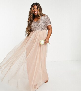 Bridesmaid short sleeve maxi tulle dress with tonal delicate sequins in muted blush-AB