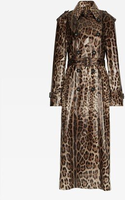 Leopard-print coated sateen trench coat