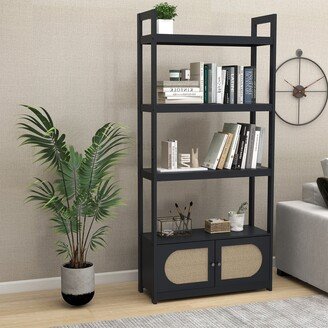 EDWINRAY Woven Cane 4-tier Bookshelf Storage Rack Shelves with 2 Doors Wooden Freestanding Bookcases