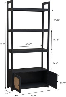 Woven Cane 4-tier Bookshelf Storage Rack Shelves with 2 Doors Wooden Freestanding Bookcases