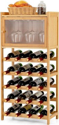 20-Bottle Bamboo Wine Rack Cabinet Freestanding Display Shelf w/ Glass Hanger