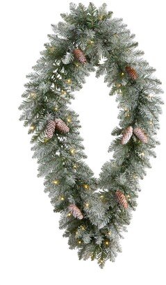 Holiday Christmas Geometric Diamond Frosted Wreath with Pinecones and 50 Warm Led Lights, 3'