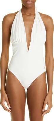 Plunge Halter Neck Glossy Jersey One-Piece Swimsuit