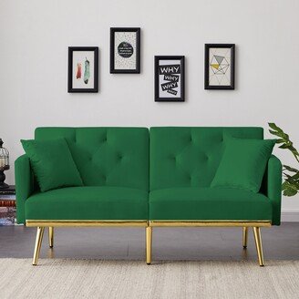 EYIW Convertible Folding Futon Sofa Bed with Two Pillows, Velvet Sleeper Sofa Couch with Armrest and Gold Metal Legs