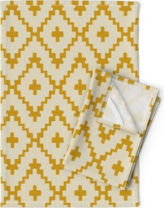 Southwestern Boho Tea Towels | Set Of 2 - Diamond Chevron By Alison Janssen Mustard Yellow Desert Linen Cotton Spoonflower
