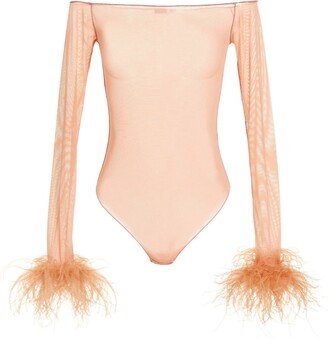 Feather Transparent Mesh Bodysuit-AA