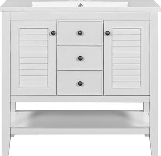 Aoolive 36 Bathroom Vanity with Ceramic Basin, Two Cabinets and Drawers, Open Shelf, Solid Wood Frame