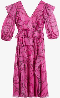 Womens Brt-pink Victoir Graphic-print Tie-waist Woven Midi Dress