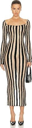 Boat Neck Striped Mid Length Gown in Black,Beige