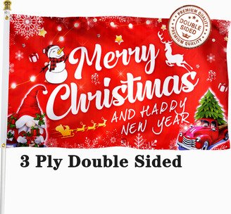 Christmas Flag Double Sided Outdoor Large Merry & Happy New Year Banner With Red Gnome Truck Snowman Tree