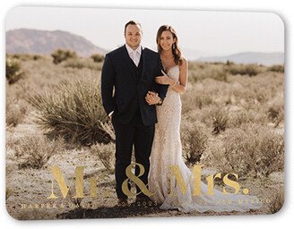 Wedding Announcements: Mr. & Mrs. Modern Wedding Announcement, Gold Foil, Black, 5X7, Matte, Personalized Foil Cardstock, Rounded