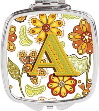 CJ2003-ASCM Letter a Floral Mustard & Green Compact Mirror