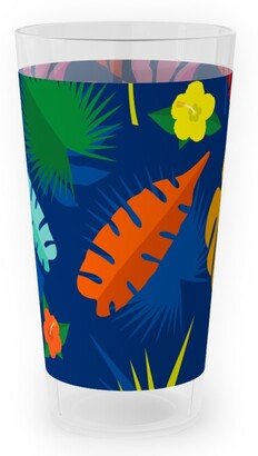 Outdoor Pint Glasses: Tropical Leaves - Multi On Blue Outdoor Pint Glass, Multicolor