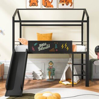 TiramisuBest Twin Size Metal House Bed Loft Bed With Slide and Writing Board