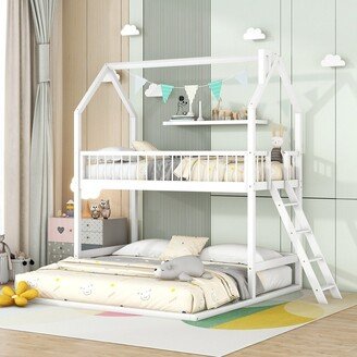 IGEMAN Twin Over Twin Kid Bed, Twin House Shape Bunk Bed with Extending Trundle and Ladder for Bedroom, Grey