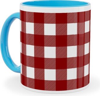 Mugs: Traditional Red Buffalo Plaid Ceramic Mug, Light Blue, 11Oz, Red