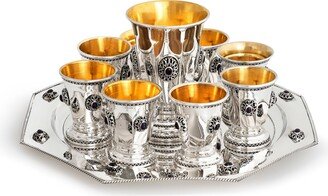 Classic 925 Sterling Silver Smooth Tray With Filigree Decoration & Natural Amethyst Stones - Shabbat Judaica